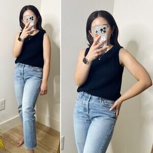 Vince Navy Blue Open Knit Crochet Sleeveless Sweater Vest Tunic Top Small